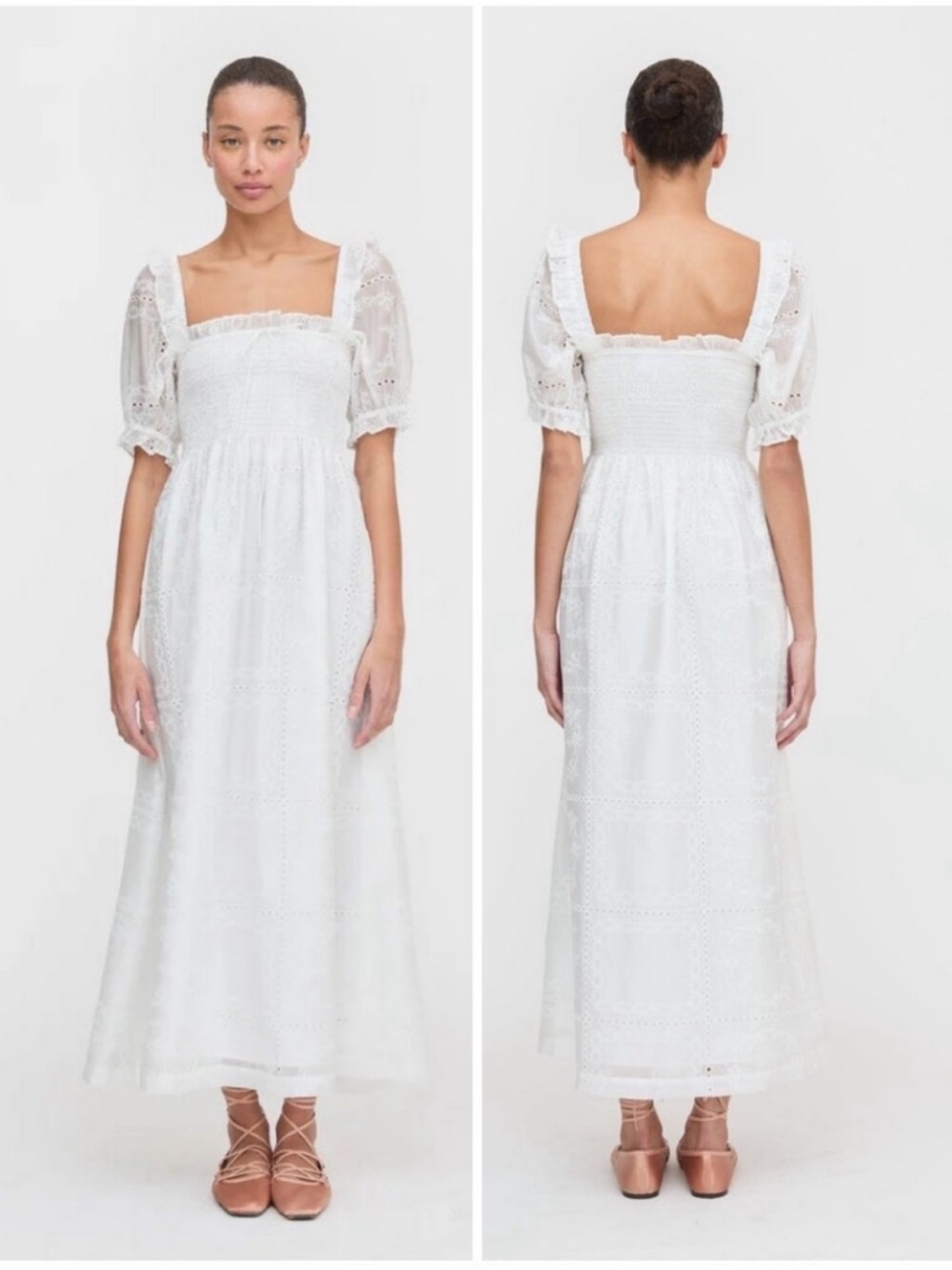 Caroline Constas Midi/Maxi Dress Eyelet Embroidered Puff Sleeves White Smocked